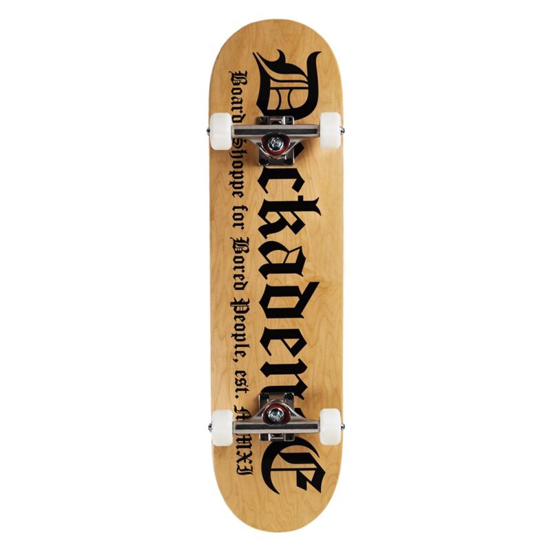Complete skateboard with a maple deck, aluminum trucks, and polyurethane wheels.